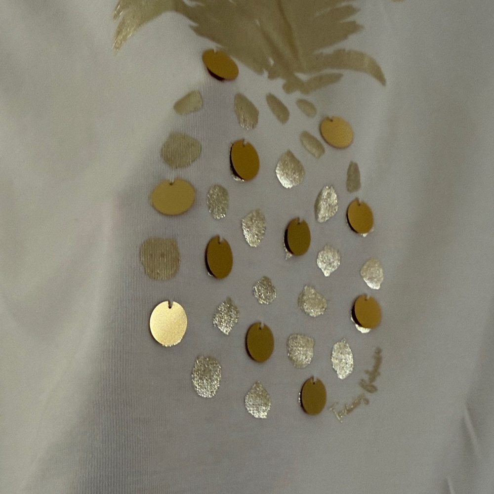 Tommy Bahama White Long Sleeve Tee with Gold Pineapple sequin Graphic design - Picture 12 of 13